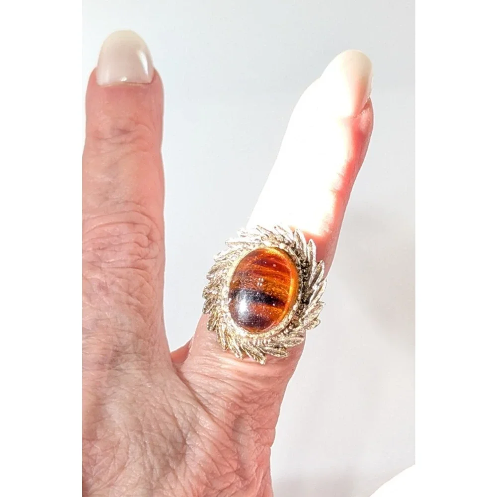 Tortoise Gass Fashion Ring, Gold-tone Oval Adjustable Brown‎ Vintage r-45